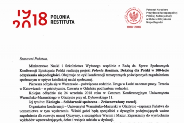 Konferencja naukowa w ramach projektu &quot;Polonia Restituta. Dekalog dla Polski w 100-lecie odzyskania niepodległości&quot;